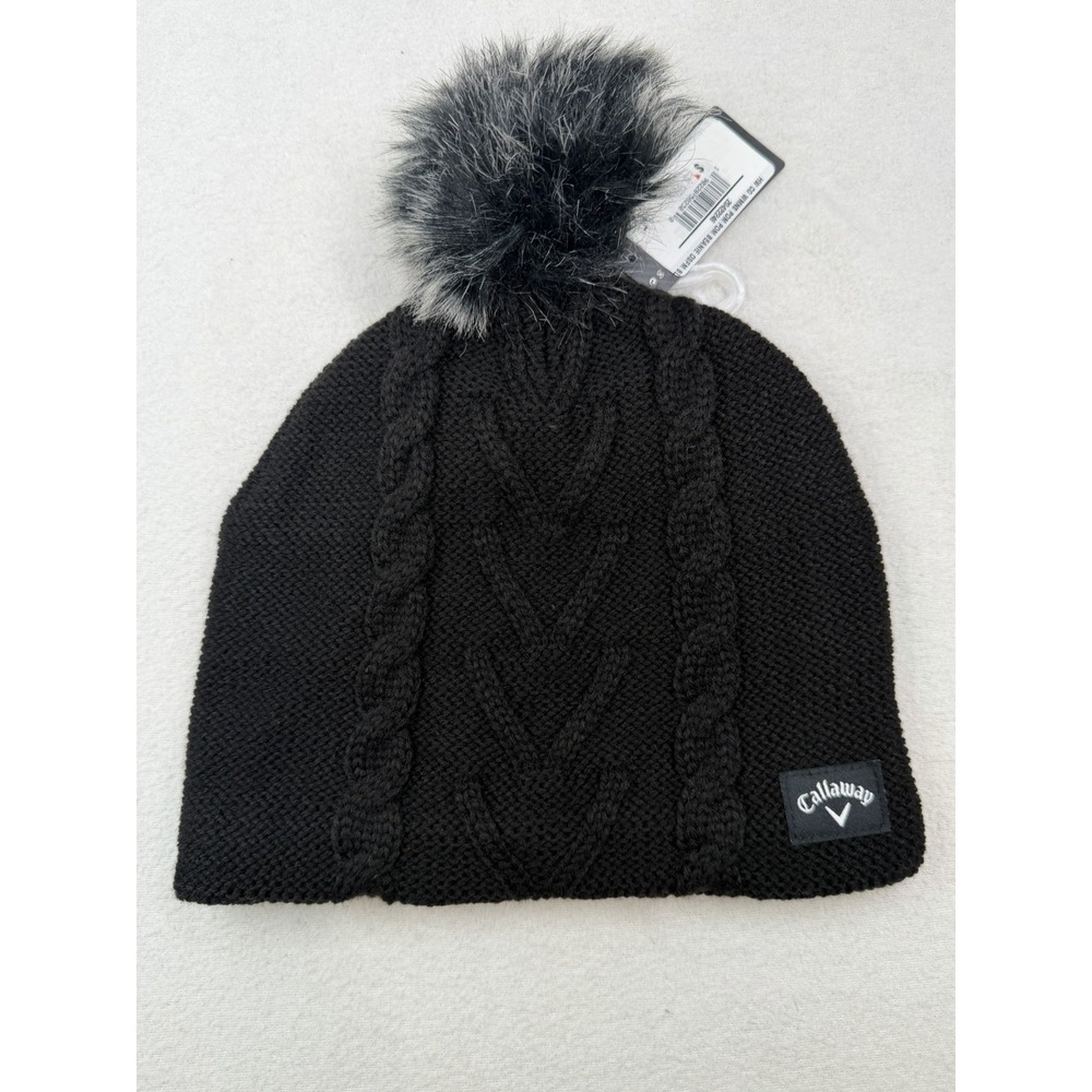 Callaway Pom Pom Beanie Womens OSFM Black Fleece Lined Cable Knit Hat NEW